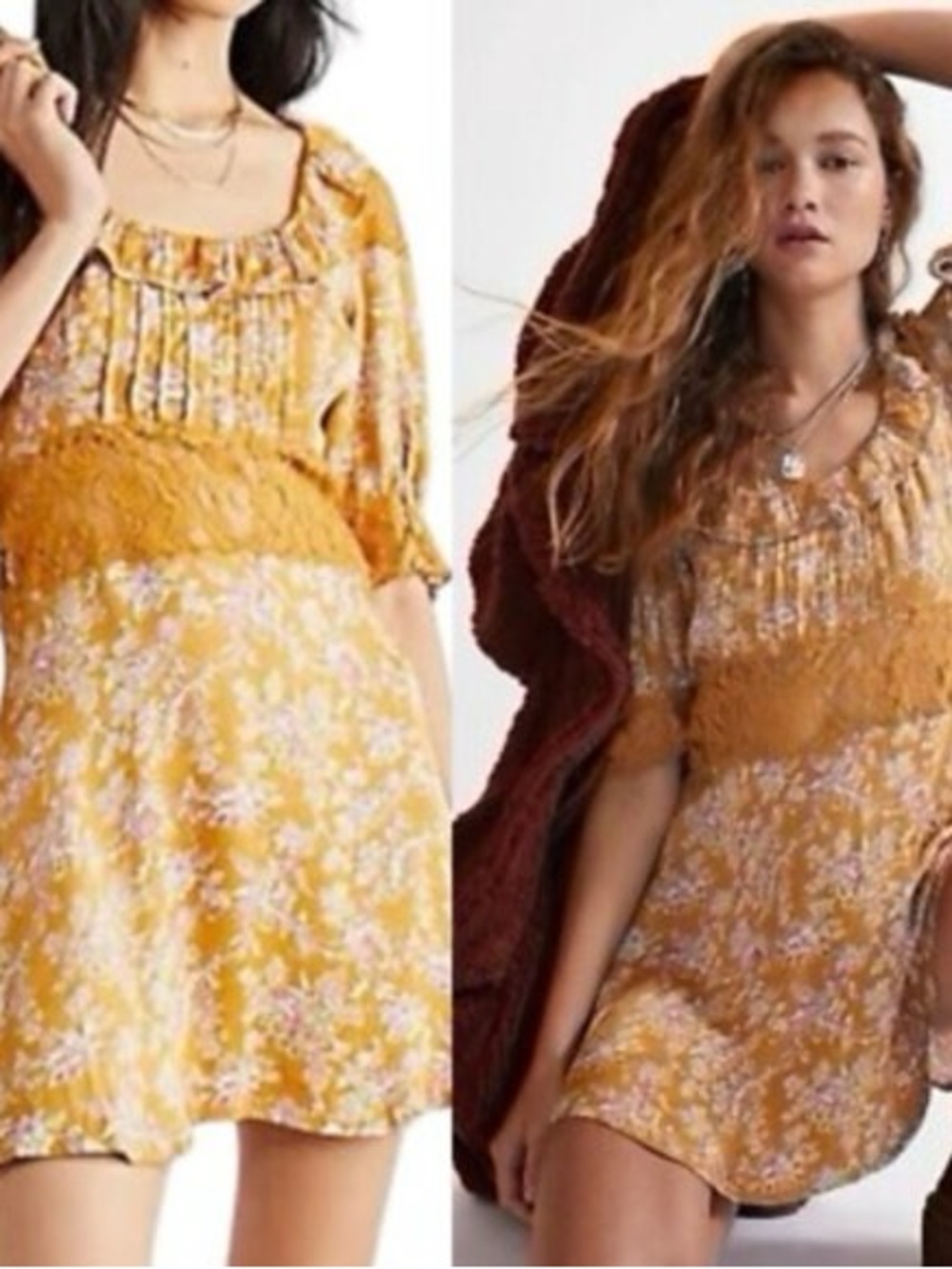 Free People Mustard Floral Lace-Trim Mini Dress
